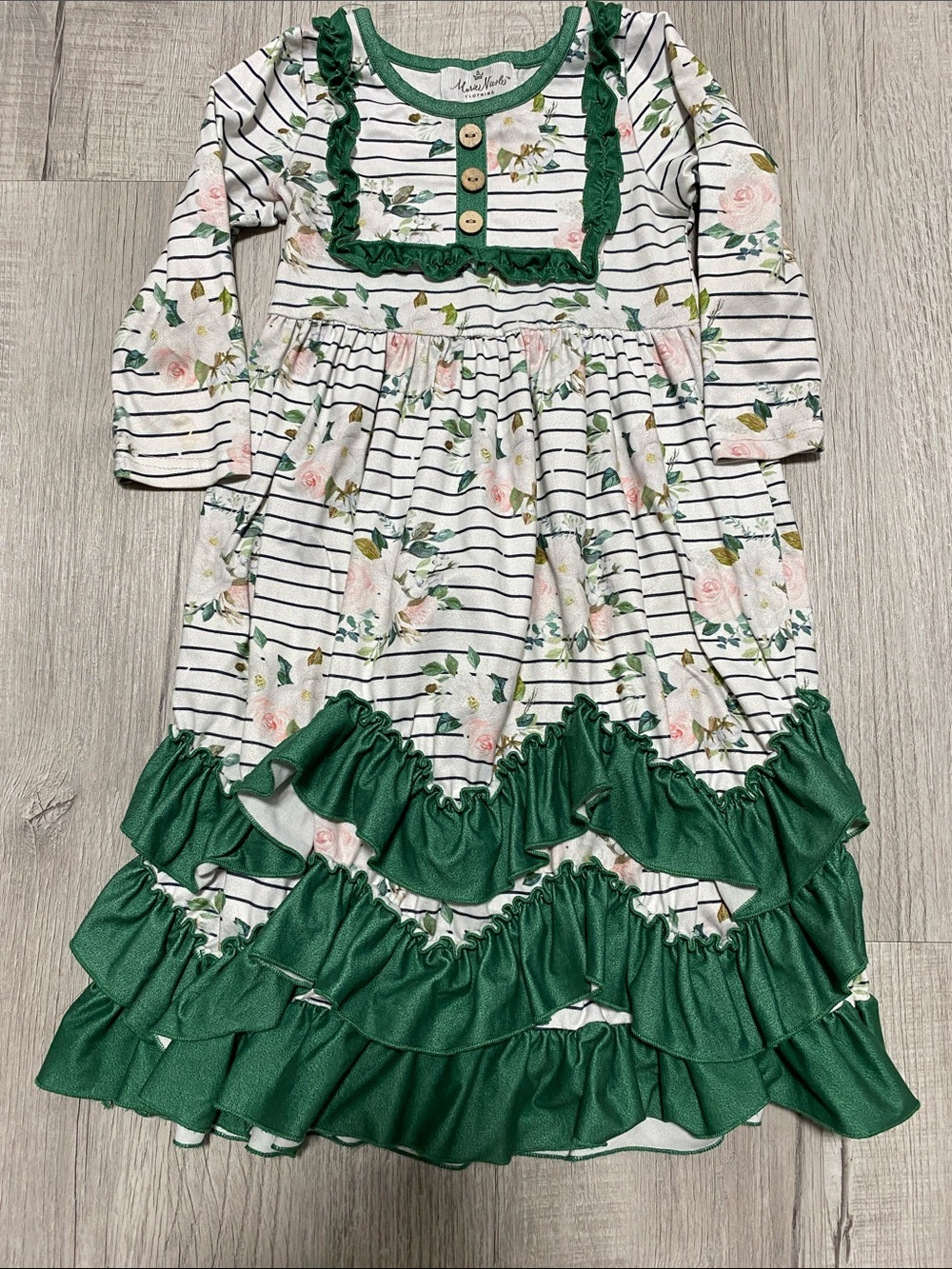 Green-Trim Floral Stripe Ruffle Dress for Girls